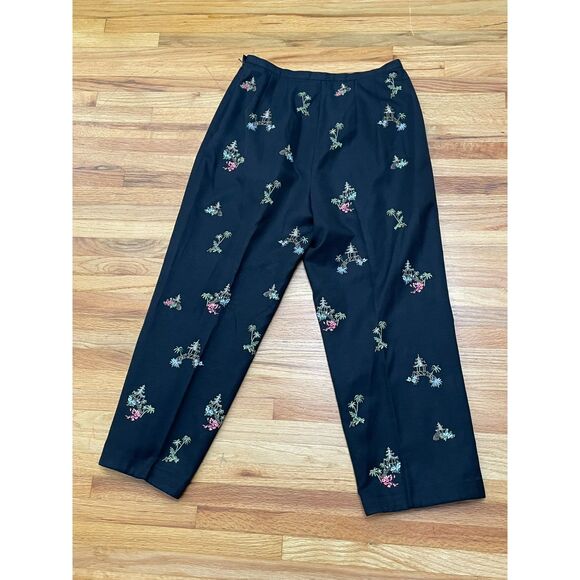 Talbots Women's 8P Black Pant Silk Crop Embroidered Floral Zipper Summer Casual - Picture 2 of 8